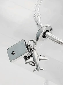 Mặt dây chuyền mạ bạc có hình máy bay, trái đất, sách và hạt màu xanh hình trái tim - Thích hợp làm vòng tay tự làm cho phụ nữ ngày lễ tình nhân - Bạc - Xem 2