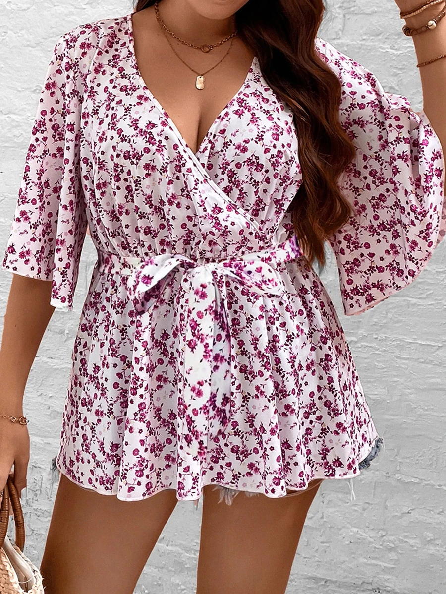 SHEIN LUNE 大碼碎花荷葉袖荷葉邊下擺襯衫 - 彩色 - 查看 1