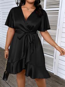 SHEIN Clasi 大碼蝴蝶袖荷葉邊圍裹下擺腰帶緞面洋裝