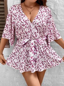 SHEIN LUNE 大碼碎花荷葉袖荷葉邊下擺襯衫 - 彩色 - 查看 3