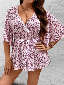 SHEIN LUNE 大碼碎花荷葉袖荷葉邊下擺襯衫 - 彩色 - 查看 4