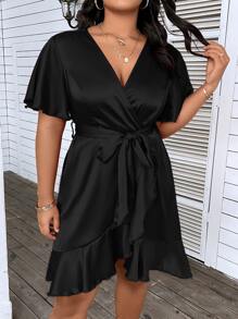 SHEIN Clasi 大碼蝴蝶袖荷葉邊圍裹下擺腰帶緞面洋裝