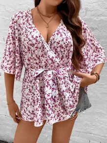 SHEIN LUNE 大碼碎花荷葉袖荷葉邊下擺襯衫 - 彩色 - 查看 5