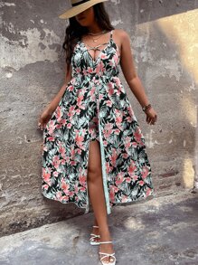 SHEIN Holidaya 大碼熱帶圖案前交叉吊帶連體短褲 - 彩色 - 查看 7