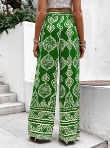 SHEIN VCAY Allover Print Belted Wide Leg Trousers - Green - View 2