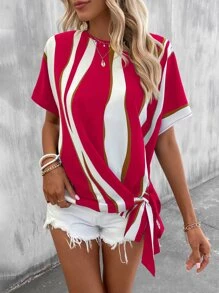 SHEIN LUNE Colourblock Knot Side Batwing Sleeve Blouse - Hot Pink - View 3