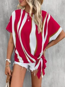 SHEIN LUNE Colourblock Knot Side Batwing Sleeve Blouse - Hot Pink - View 4