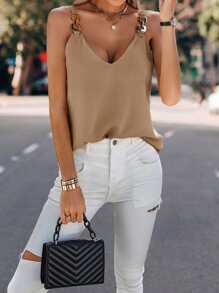 SHEIN LUNE Solid Chain Detail Tank Top - Khaki - View 5