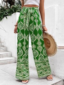 SHEIN VCAY Allover Print Belted Wide Leg Trousers - Green - View 6