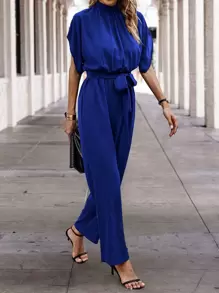 SHEIN Clasi Solid Batwing Sleeve Belted Jumpsuit - Royal Blue - View 1