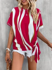 SHEIN LUNE Colourblock Knot Side Batwing Sleeve Blouse - Hot Pink - View 5