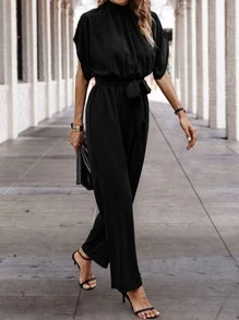 SHEIN Clasi Solid Batwing Sleeve Belted Jumpsuit - Black - View 1