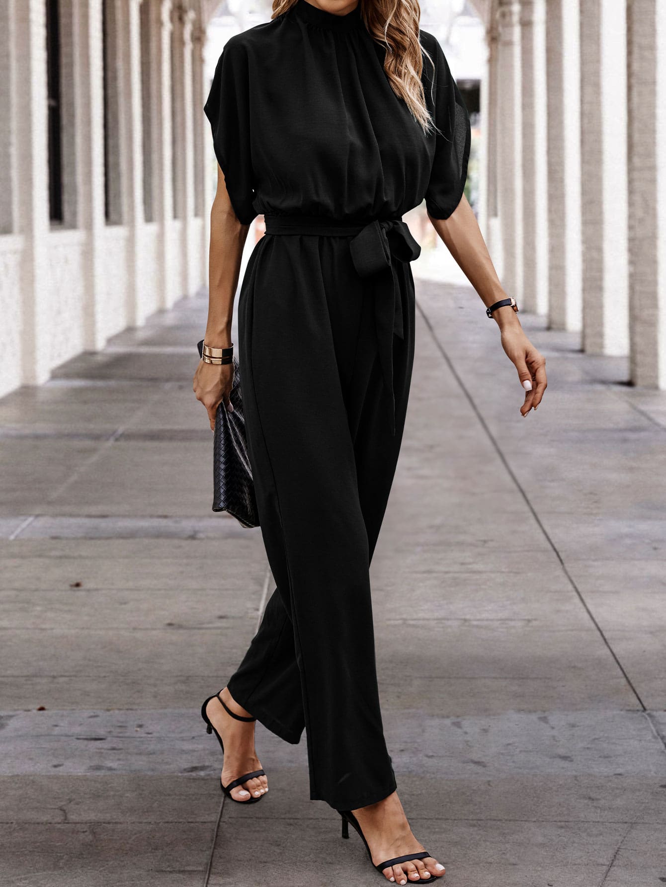 SHEIN Clasi Solid Batwing Sleeve Belted Jumpsuit - Black - View 1