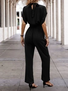 SHEIN Clasi Solid Batwing Sleeve Belted Jumpsuit - Black - View 2