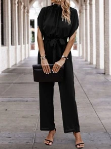 SHEIN Clasi Solid Batwing Sleeve Belted Jumpsuit - Black - View 3
