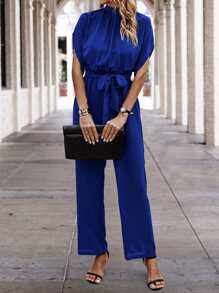 SHEIN Clasi Solid Batwing Sleeve Belted Jumpsuit - Royal Blue - View 3