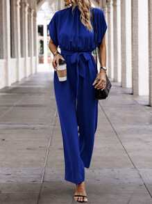 SHEIN Clasi Solid Batwing Sleeve Belted Jumpsuit - Royal Blue - View 4