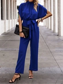 SHEIN Clasi Solid Batwing Sleeve Belted Jumpsuit - Royal Blue - View 5