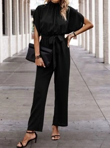 SHEIN Clasi Solid Batwing Sleeve Belted Jumpsuit - Black - View 5