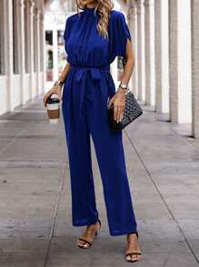 SHEIN Clasi Solid Batwing Sleeve Belted Jumpsuit - Royal Blue - View 6