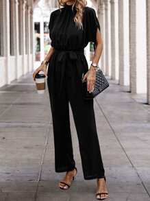 SHEIN Clasi Solid Batwing Sleeve Belted Jumpsuit - Black - View 6