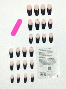 Elevate Your Style with 24pcs Long Coffin Black French Glitter 3D Rhinestone Decor Fake Nail & 1pc Nail File & 1sheet Tape - Multicolor - View 2