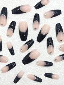 Elevate Your Style with 24pcs Long Coffin Black French Glitter 3D Rhinestone Decor Fake Nail & 1pc Nail File & 1sheet Tape - Multicolor - View 6