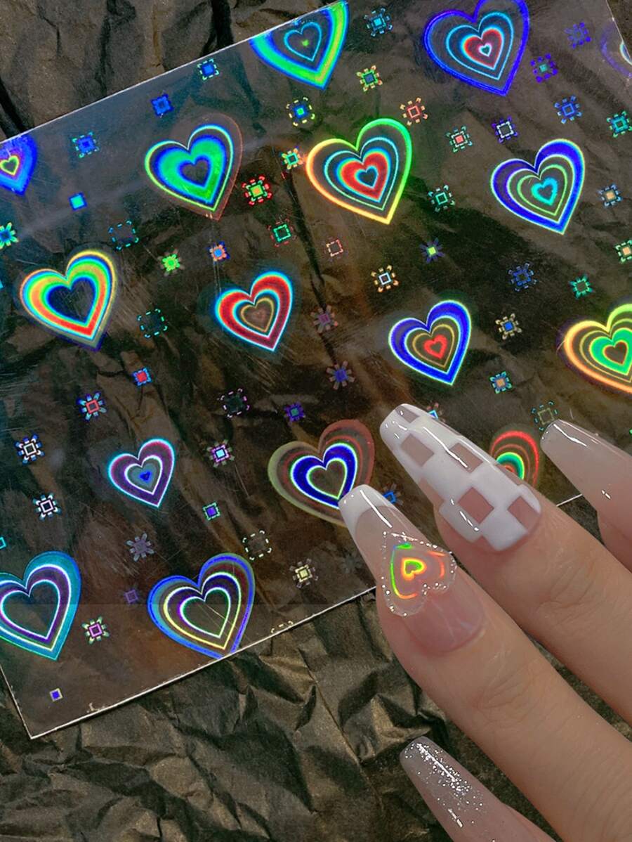 1片心形圖案全息指甲藝術貼紙 Y2K風格指甲藝術貼花 DIY - 彩色 - 查看 1