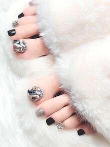 24 piezas Uña postiza corto cuadrado con diseño de diamante de imitación & 1 hoja cinta & 1 pieza lima de uña - Multicolor - Ver 1