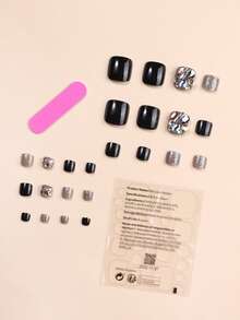 24 piezas Uña postiza corto cuadrado con diseño de diamante de imitación & 1 hoja cinta & 1 pieza lima de uña - Multicolor - Ver 2