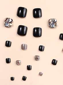 24 piezas Uña postiza corto cuadrado con diseño de diamante de imitación & 1 hoja cinta & 1 pieza lima de uña - Multicolor - Ver 4