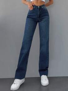 EURMUSE Zipper Fly Straight Leg Jeans - Dark Wash - View 1