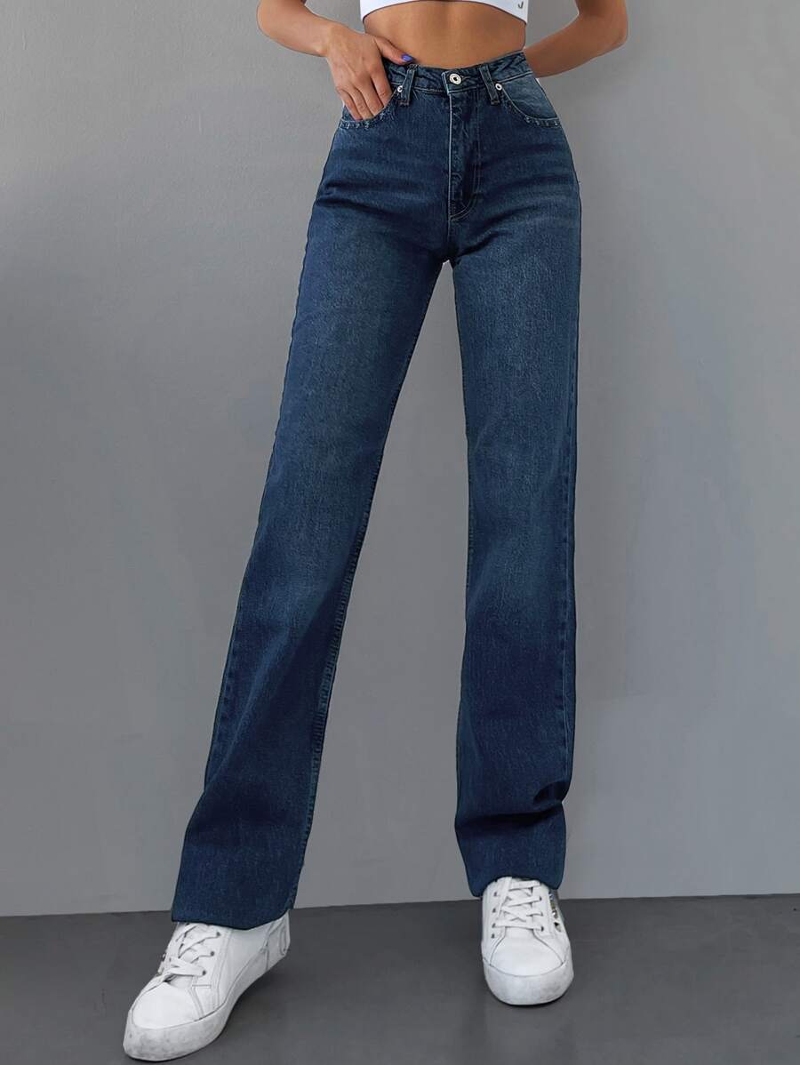 EURMUSE Zipper Fly Straight Leg Jeans - Dark Wash - View 1