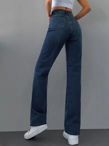 EURMUSE Zipper Fly Straight Leg Jeans - Dark Wash - View 2