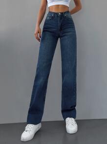 EURMUSE Zipper Fly Straight Leg Jeans - Dark Wash - View 3