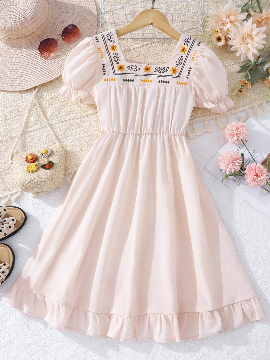 Da Ragazze Abiti con ricamo floreale collo quadrato con manica a sbuffo con volant - Rosa Baby - Visualizzare 1