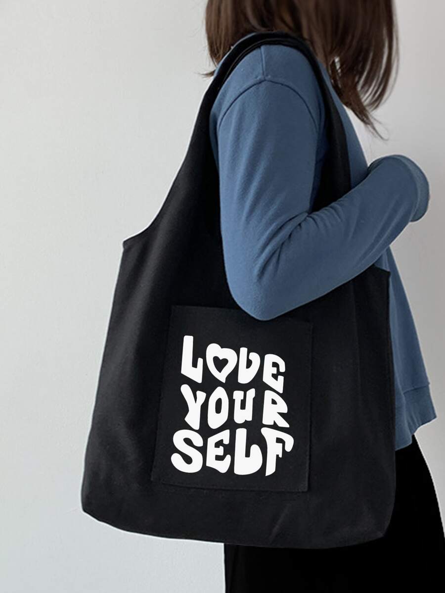 字母圖案背心風格購物袋 - 黑色 - 查看 1