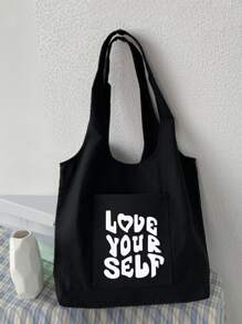 字母圖案背心風格購物袋 - 黑色 - 查看 2