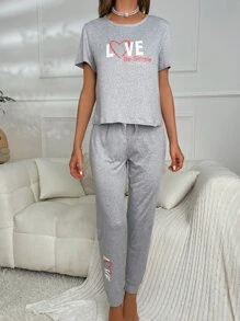 愛心和標語圖案前繫帶休閒服套裝