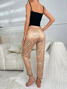 Bear Print Lettuce Trim PJ Set / Pajama Set - Black - View 2