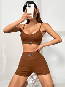 SHEIN EZwear Letter Patched Detail Cami Top & Biker Shorts