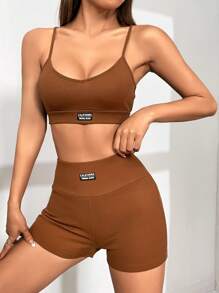 SHEIN EZwear Letter Patched Detail Cami Top & Biker Shorts
