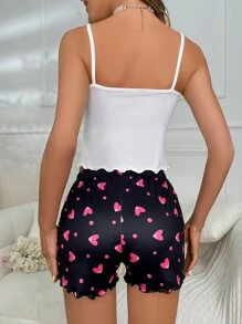 Heart & Letter Graphic White Cami Top & Heart Print Bow Front Shorts PJ Set / Pajama Set - White - View 2