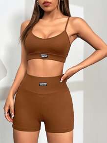 SHEIN EZwear Letter Patched Detail Cami Top & Biker Shorts