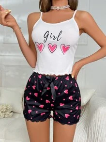 Heart & Letter Graphic White Cami Top & Heart Print Bow Front Shorts PJ Set / Pajama Set - White - View 4