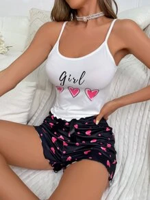 Heart & Letter Graphic White Cami Top & Heart Print Bow Front Shorts PJ Set / Pajama Set - White - View 5