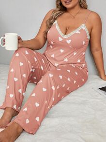 Plus Heart Print Lace Trim PJ Set - Pink - View 1