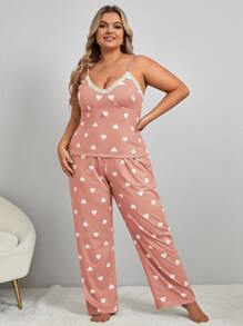 Plus Heart Print Lace Trim PJ Set - Pink - View 3