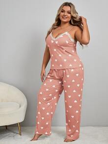 Plus Heart Print Lace Trim PJ Set - Pink - View 4