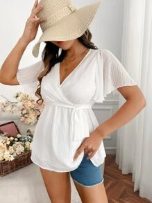 SHEIN Maternity Surplice Neck Belted Blouse - White - View 1